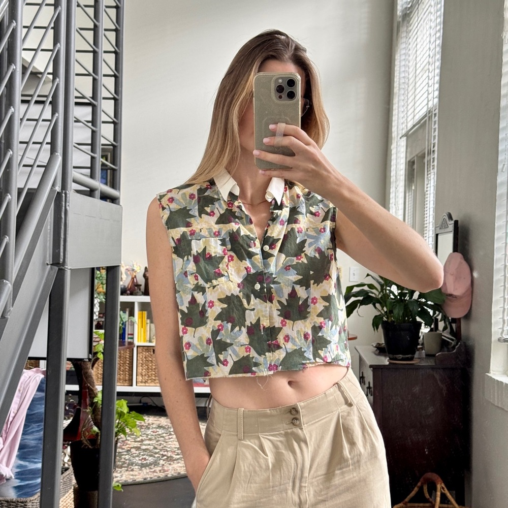 Comme des Garcons Green and Cream Floral cut off Crop Top